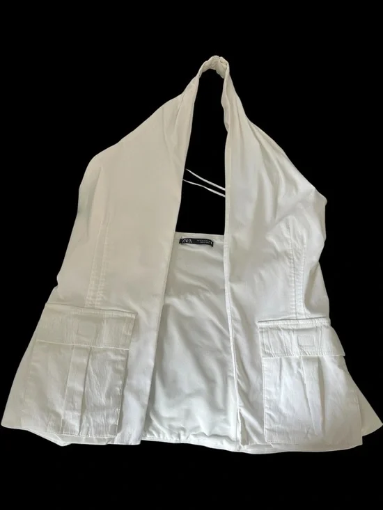 Zara White Sleeveless Long Vest with Patch Pockets - Picture 3 of 8
